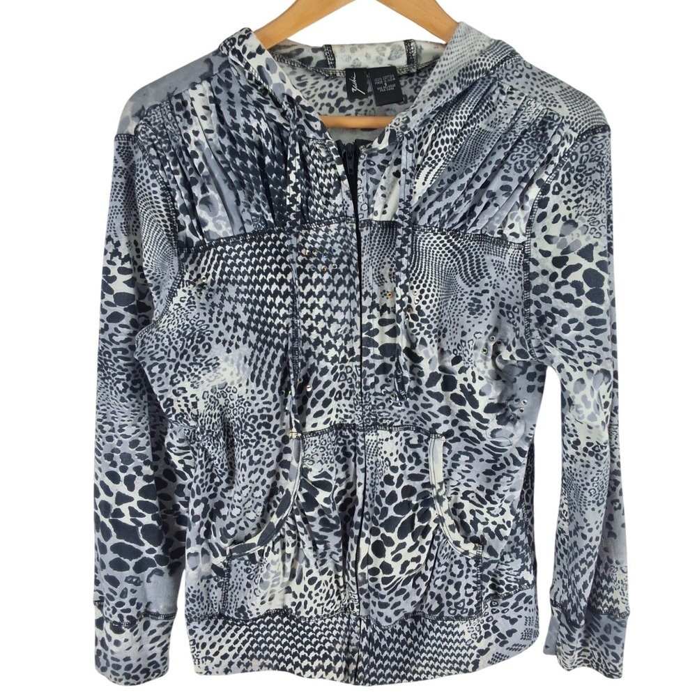 Yashi Womens Mixed Animal Print Zip Up Hoodie Grey Leopard Rhinestone Small